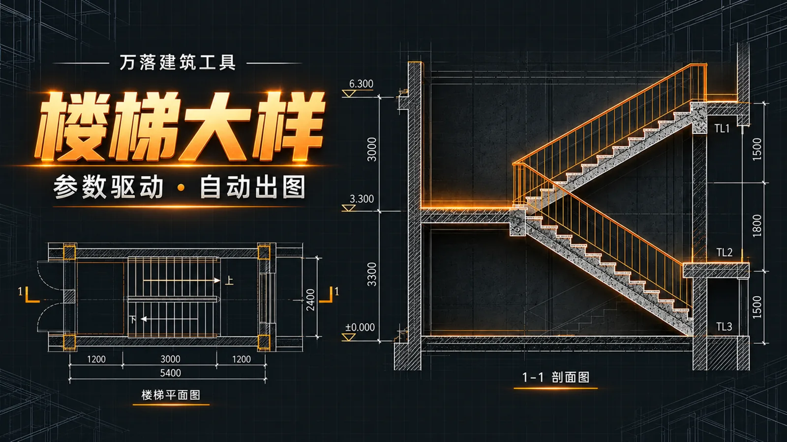 楼梯大样宣传图，呈现平面和剖面图纸